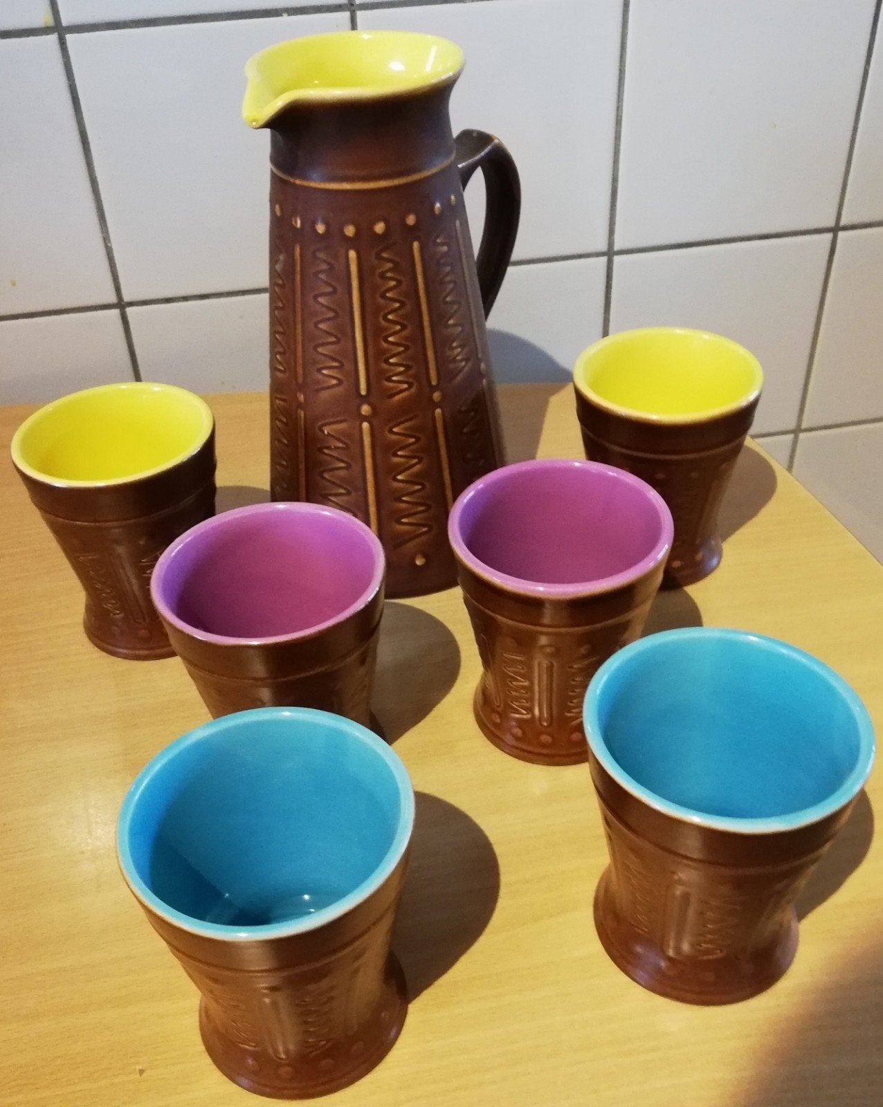 Schenkkan & 6 mokken. Staffel Stoneware. Germany., Ophalen, Keramiek, Overige typen, Zo goed als nieuw