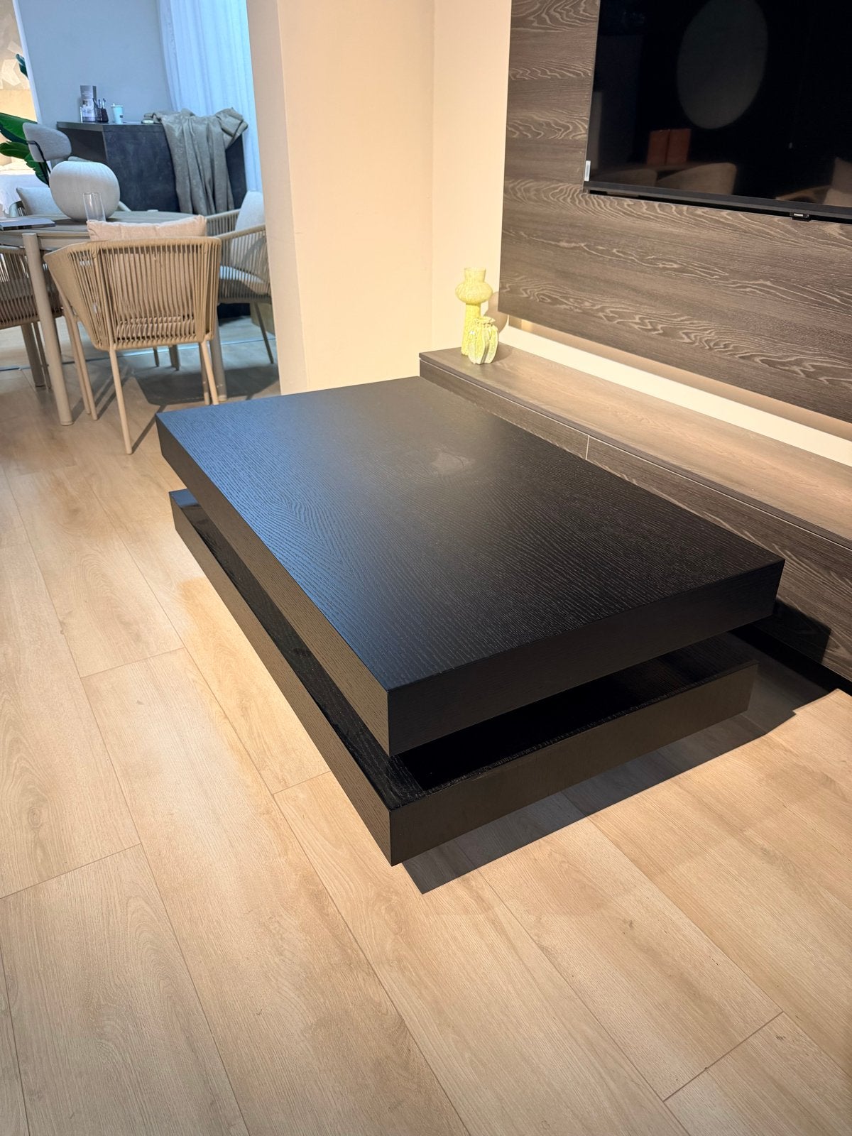 Moderne salontafel zwart eikenfineer 138x80 cm, 100 tot 150 cm, Eikenhout, Zo goed als nieuw, Rechthoekig