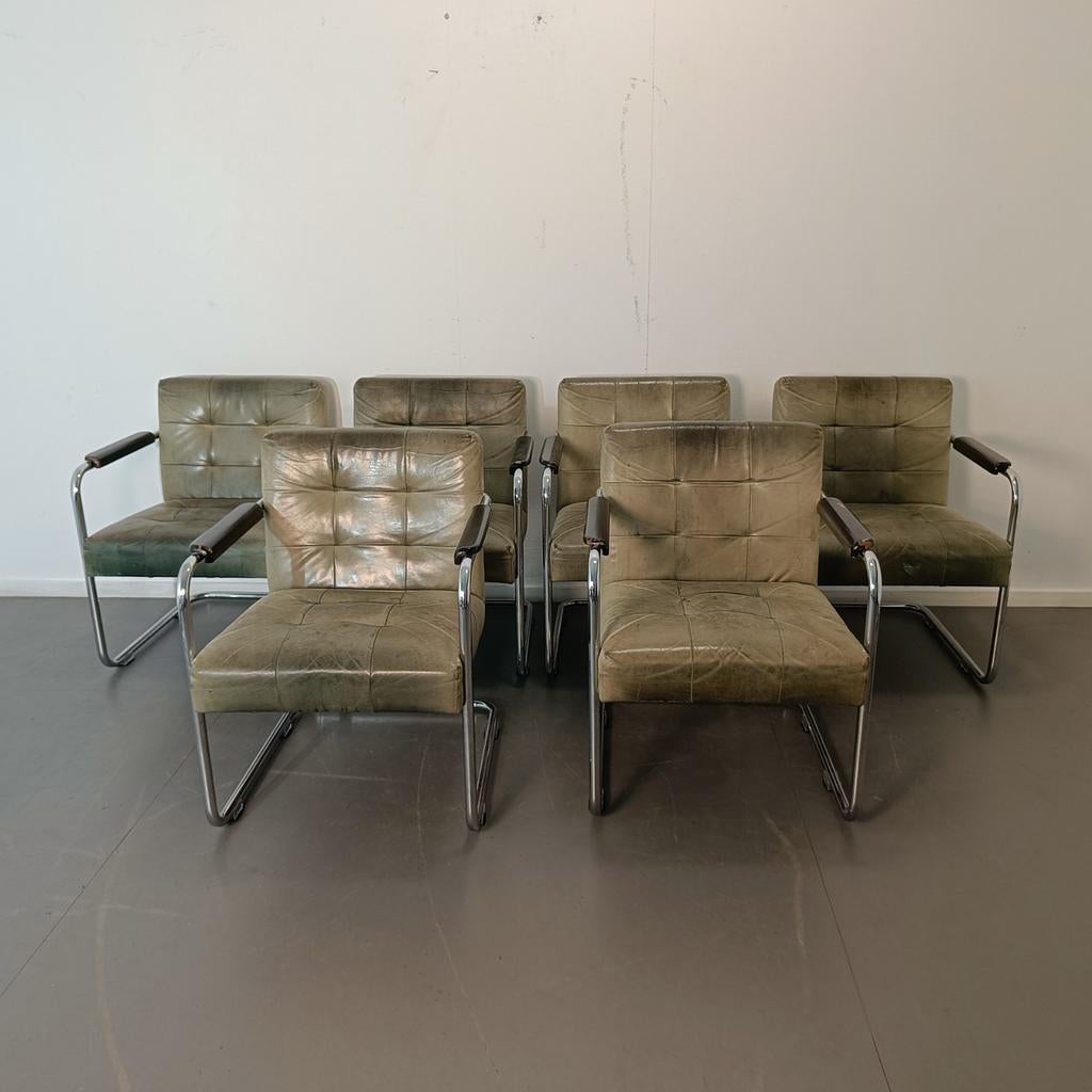Set van 6 vintage fauteuils, groen leer en chroom, Huis en Inrichting, Stoelen, Ophalen, Gebruikt, Leer, Twee