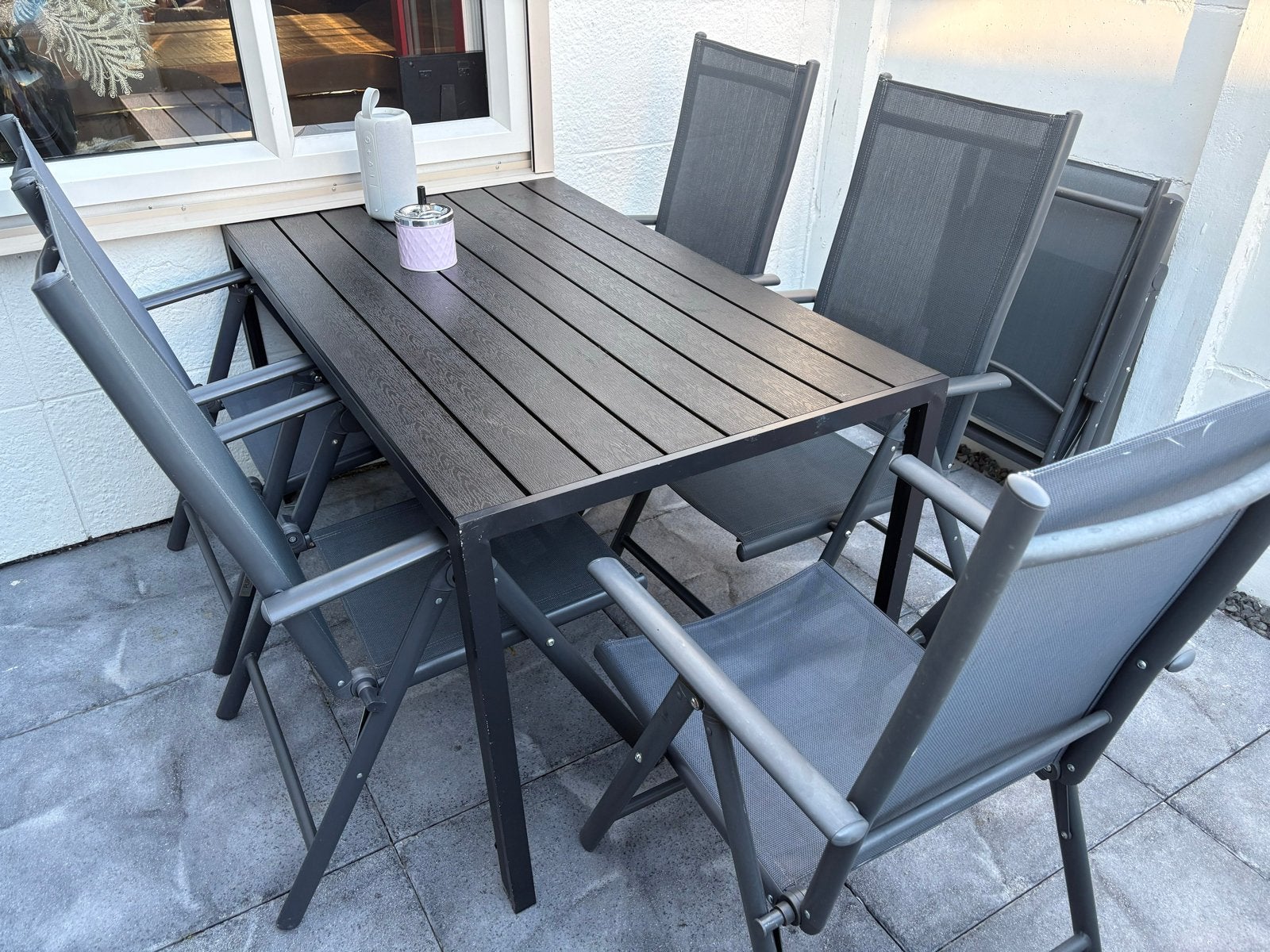 Tuinset met 5 stoelen (6e stoel heeft klein defect), Ophalen, 5 zitplaatsen, Gebruikt, Eettafel