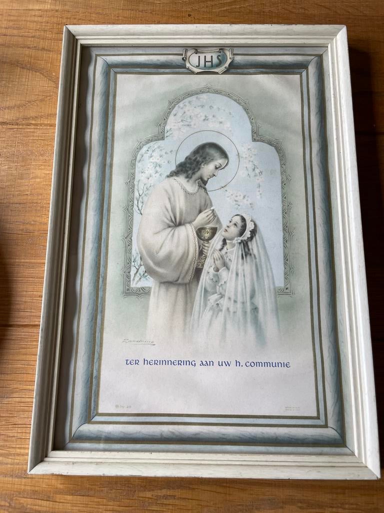 Antieke communieprent in lijst - Eerste Heilige Communie, Ophalen