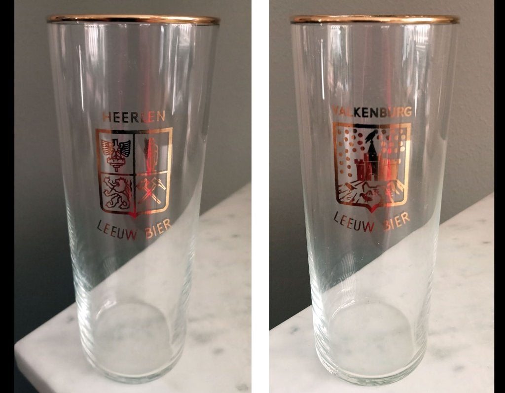 2 vintage Leeuw Bier glazen met een stadslogo., Ophalen of Verzenden, Zo goed als nieuw, Glas of Glazen, Overige merken