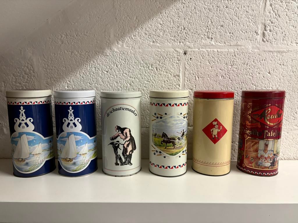 5 vintage beschuitbussen van Van der Meulen, Ophalen of Verzenden, Zo goed als nieuw, Overige