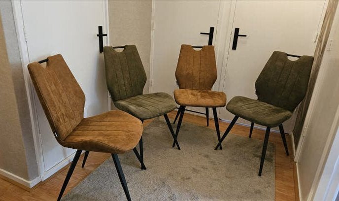 4 eetkamerstoelen van Van Bommel (groen/bruin), Gebruikt, Overige kleuren, Ophalen of Verzenden, Vier