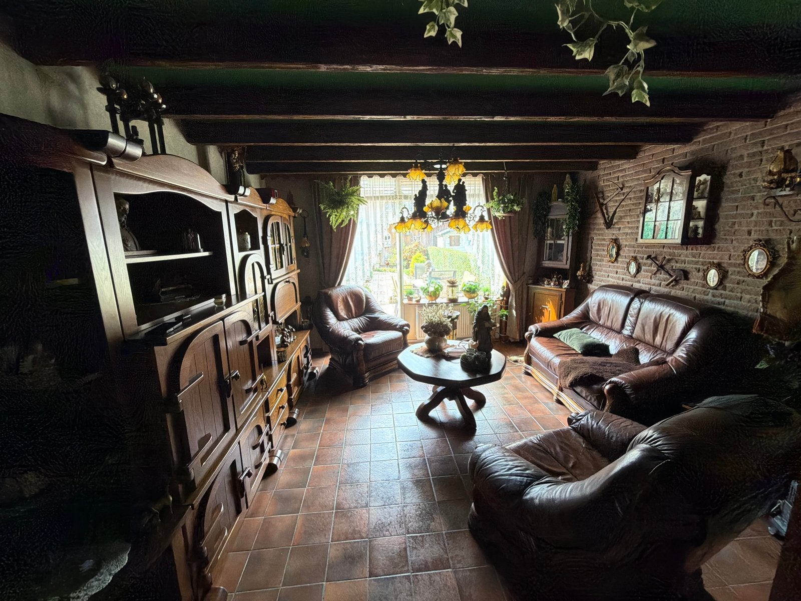Leren bankstel met twee fauteuils - Klassieke stijl, Ophalen, Gebruikt, Driepersoons, Rechte bank