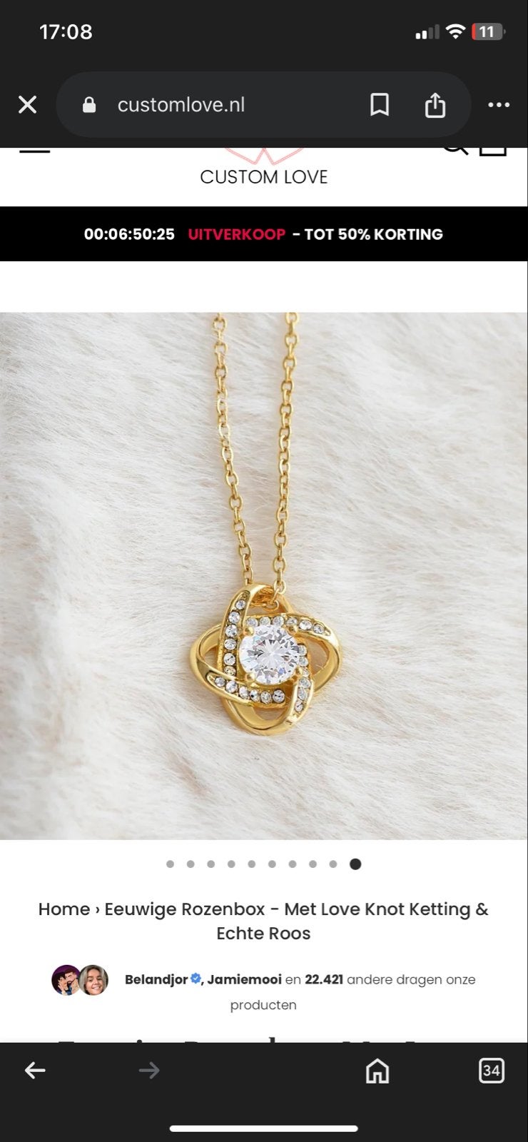 Eeuwige Rozenbox met Love Knot Ketting & Echte Roos, Ophalen of Verzenden, Nieuw, Goud, Met kristal