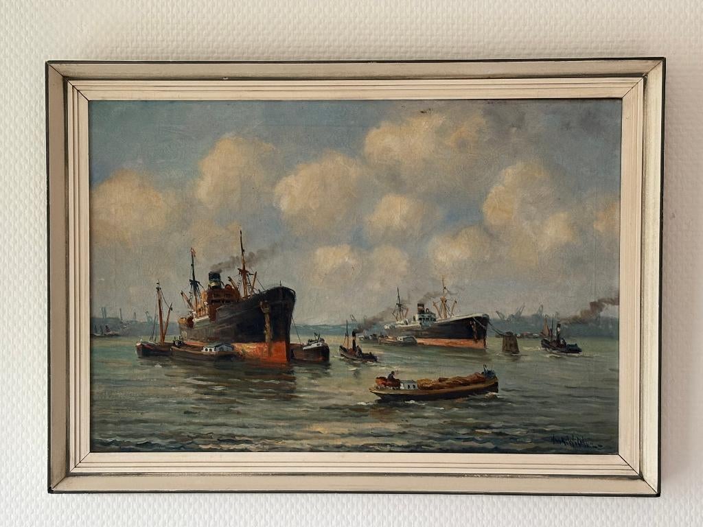 Schilderij Havengezicht Rotterdam olieverf op doek H Welther, Antiek en Kunst, Ophalen of Verzenden