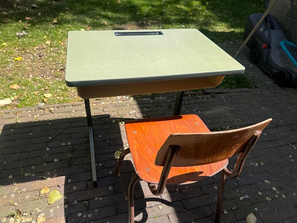 Vintage schoolbankje met stoel - Retro set, Ophalen, Gebruikt, Tafel(s) en Stoel(en)