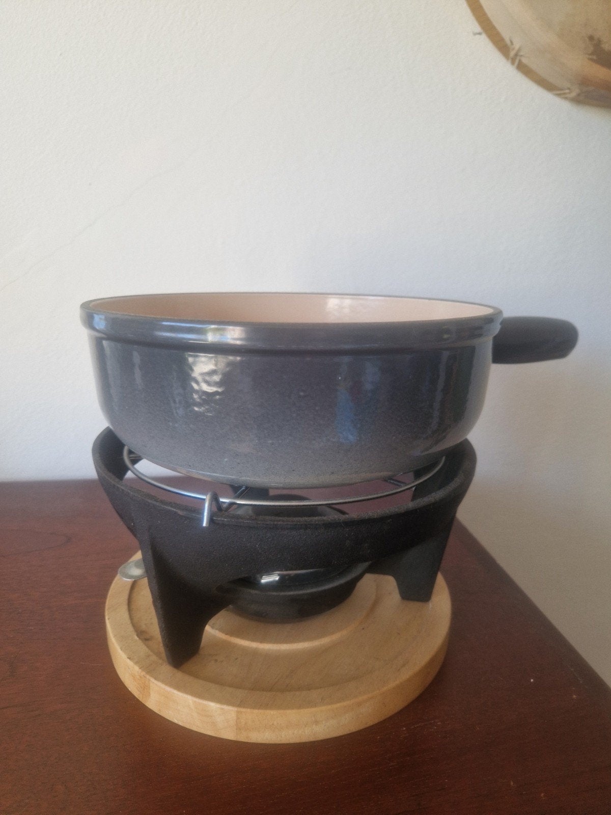 Zware Franse gietijzeren fondueset met brander & houten onde, Ophalen of Verzenden, Gebruikt, Brander, Fondueset