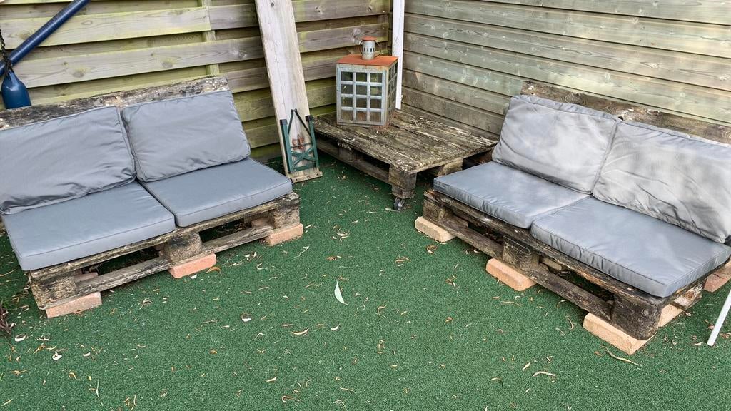 Palletbank kussens, Tuin en Terras, Tuinsets en Loungesets, Ophalen, Zo goed als nieuw, Hout, 2 zitplaatsen