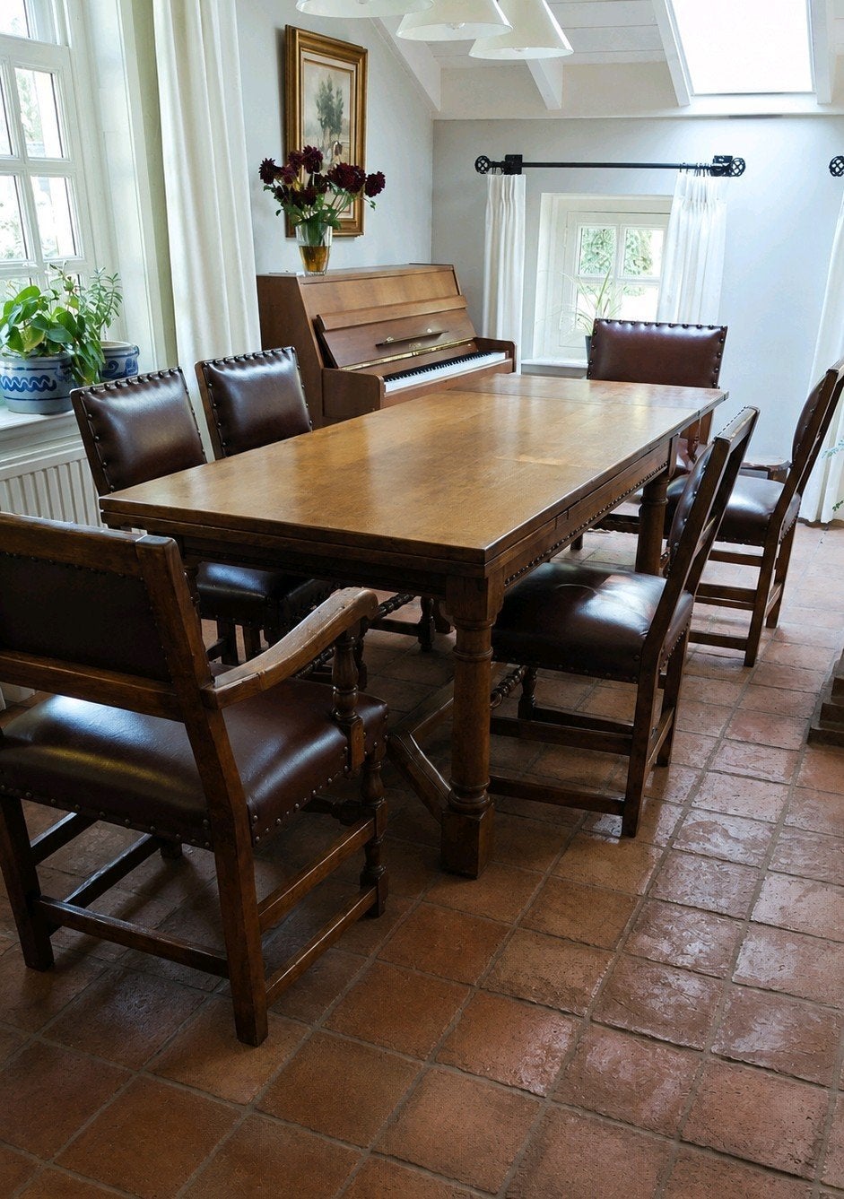 Eiken eettafel met 6 leren stoelen, Huis en Inrichting, Ophalen, Gebruikt, 200 cm of meer, 50 tot 100 cm