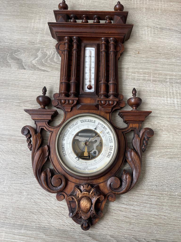 Antieke Barometer met Thermometer - Houtsnijwerk, Ophalen of Verzenden