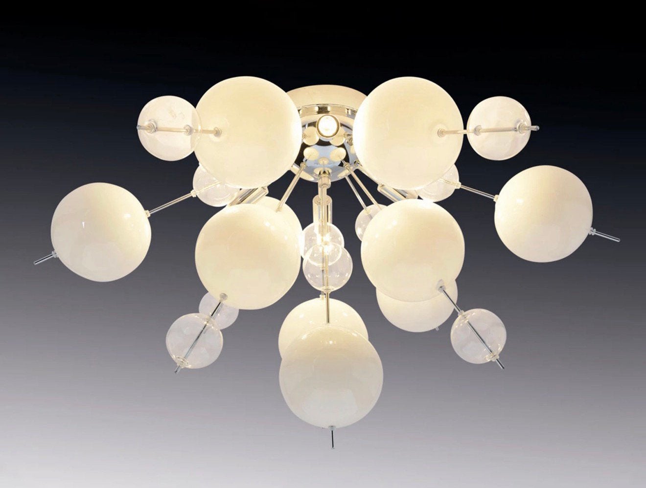 Space Age Sputnik plafondlamp – wit glas en chroom, Ophalen, Zo goed als nieuw, Glas