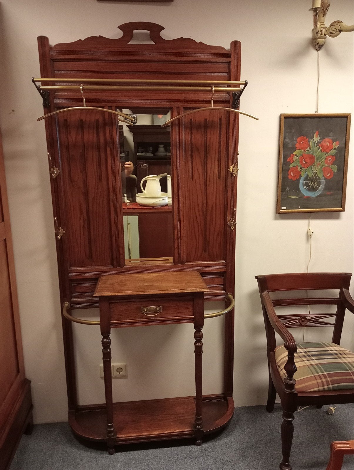 Antieke eikenhouten halmeubel  met spiegel en lade, Huis en Inrichting, Wandkapstok, 200 cm of meer, Onbekend, Ophalen of Verzenden