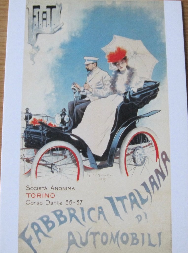 Poster op ansichtkaart - de eerste Fiat uit 1899 - nieuw, Verzenden, 1980 tot heden, Ongelopen, Voertuig