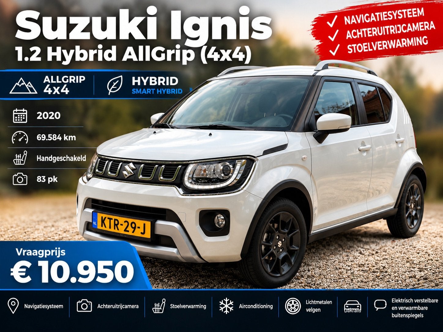 Suzuki Ignis 1.2 Hybrid AllGrip 4x4 Navi Camera Stoelverw, Auto's, 83 pk, Stof, 4 cilinders, Wit