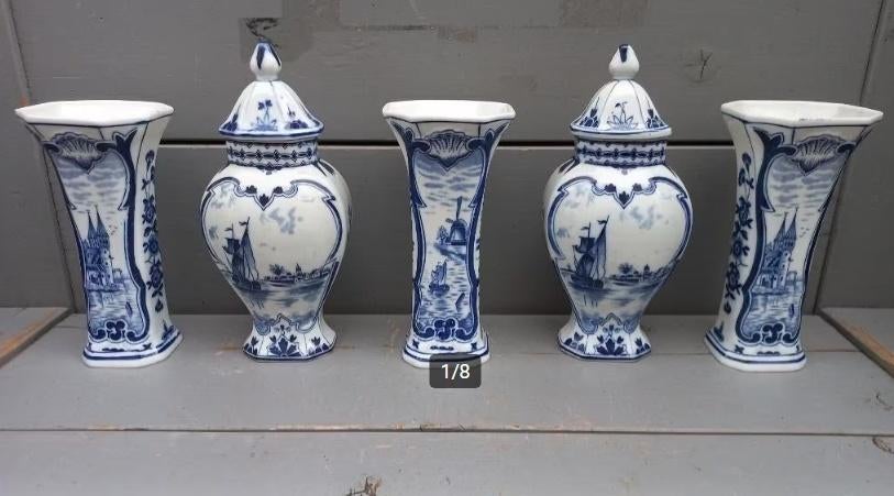 Delftsblauw 5 delig kaststel porselein Mosa Delfts vazen set, Ophalen of Verzenden