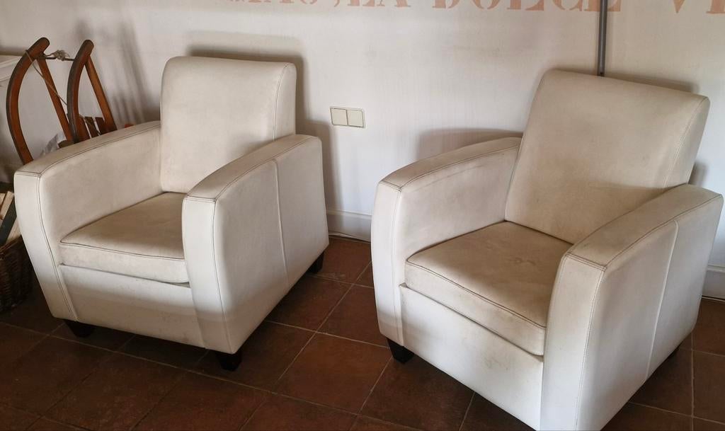 Lederen fauteuils en hocker, Huis en Inrichting, Fauteuils, Ophalen, Gebruikt, 75 tot 100 cm, 50 tot 75 cm