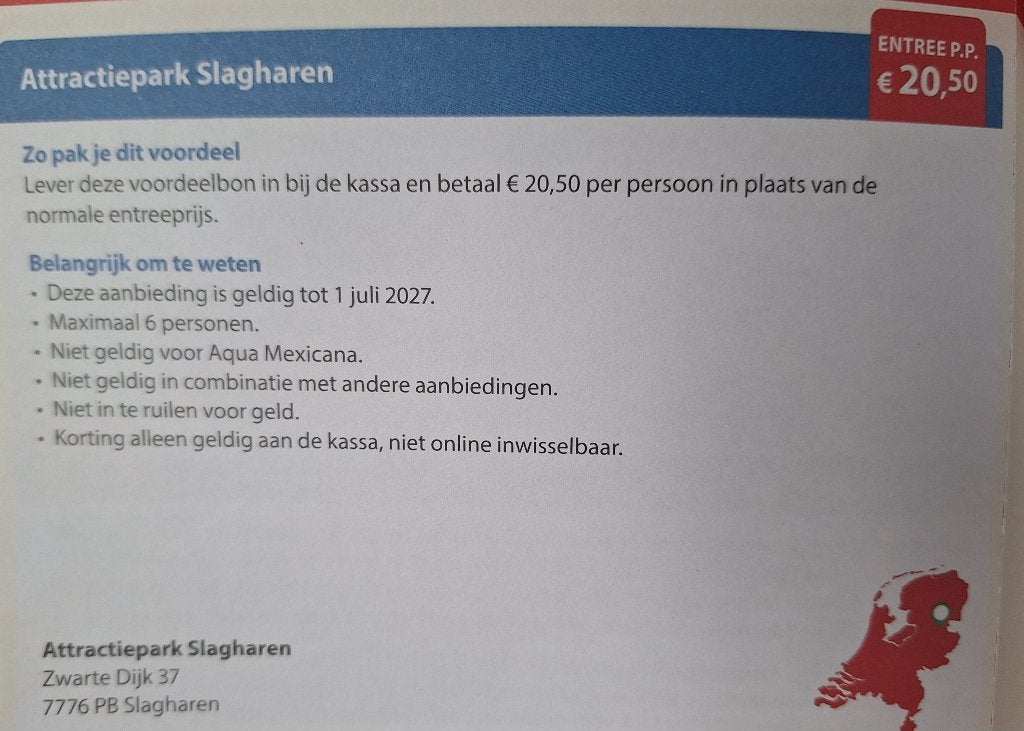 Attractiepark Slagharen 20,50 per persoon, Drie personen of meer, Ticket of Toegangskaart