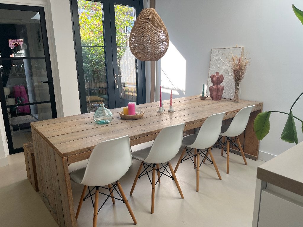 Houten eettafel + bankje, Huis en Inrichting, Tafels | Eettafels, Ophalen, Gebruikt, 200 cm of meer, 50 tot 100 cm