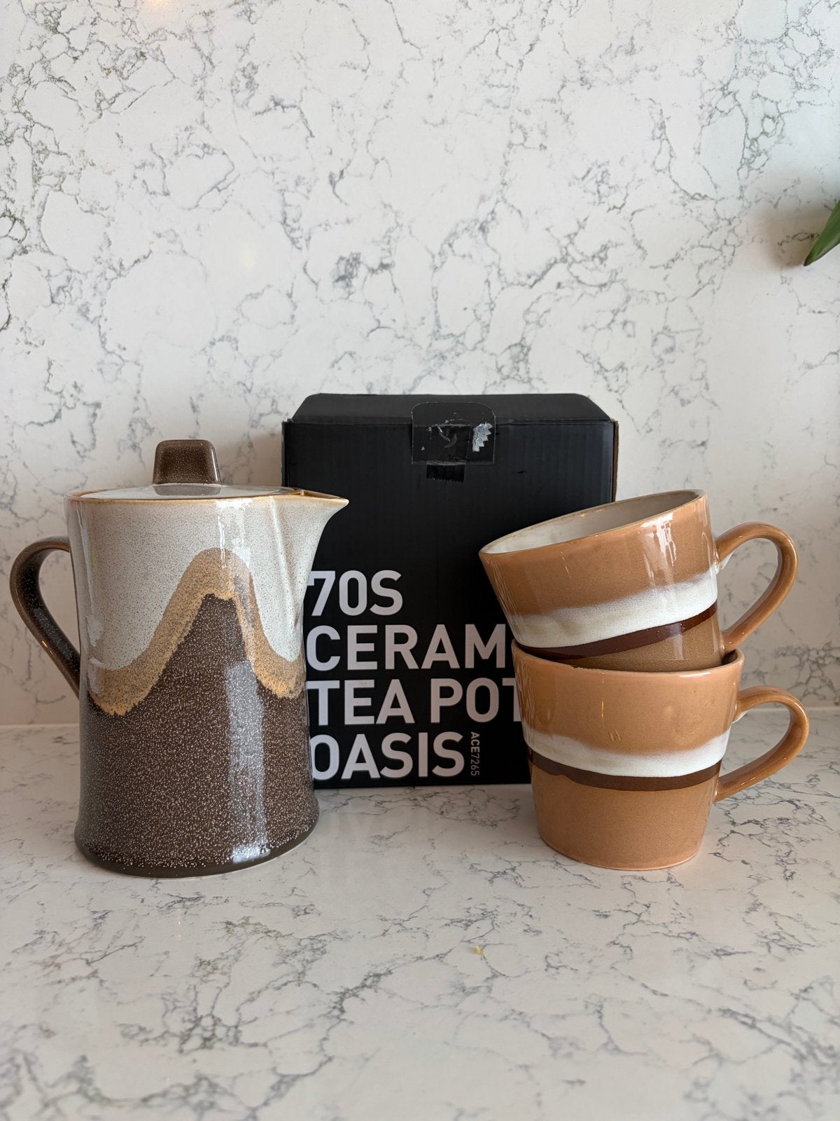 HKliving 70s Keramiek Theepot en Mokken Set - Oasis, Huis en Inrichting, Keuken | Servies, Ophalen, Overige merken, Keramiek, Vintage
