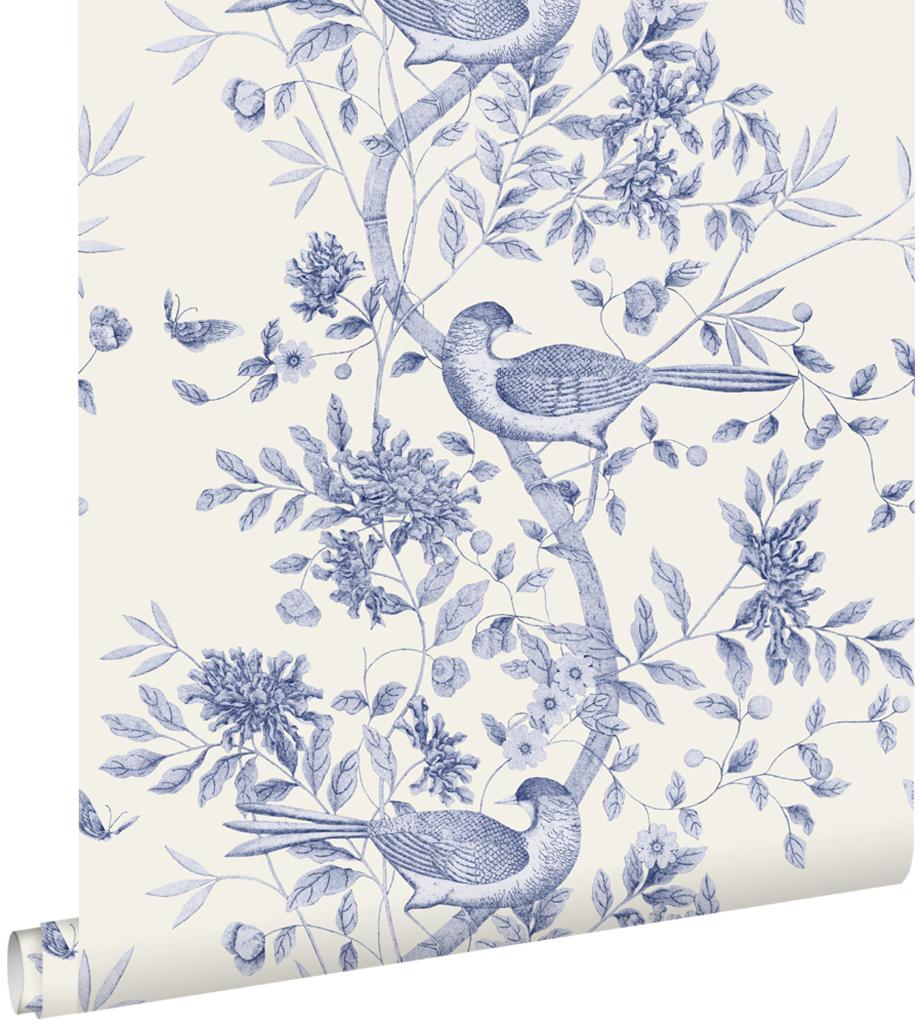 Esta behang Delfts blauw vogels en bloemen, Verzenden, 75 m² of meer, Blauw