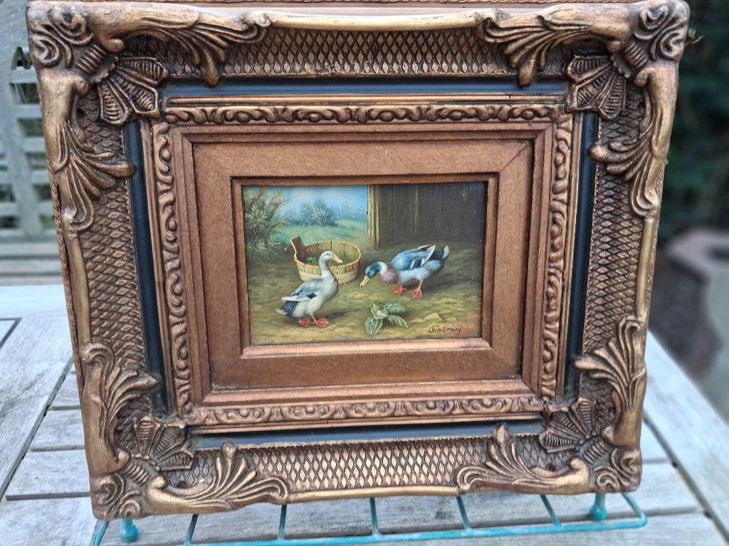 Olieverfschilderij 'Eenden 2' gesigneerd in sierlijst, Paneel, Dieren, Ophalen of Verzenden, Bijzondere lijst