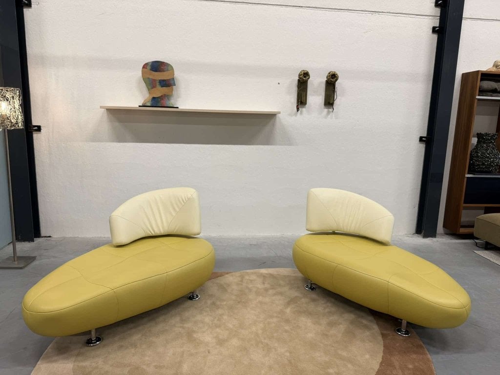 2 Leolux Kikko Chaise Longue Fauteuil Groen creme leer Bank