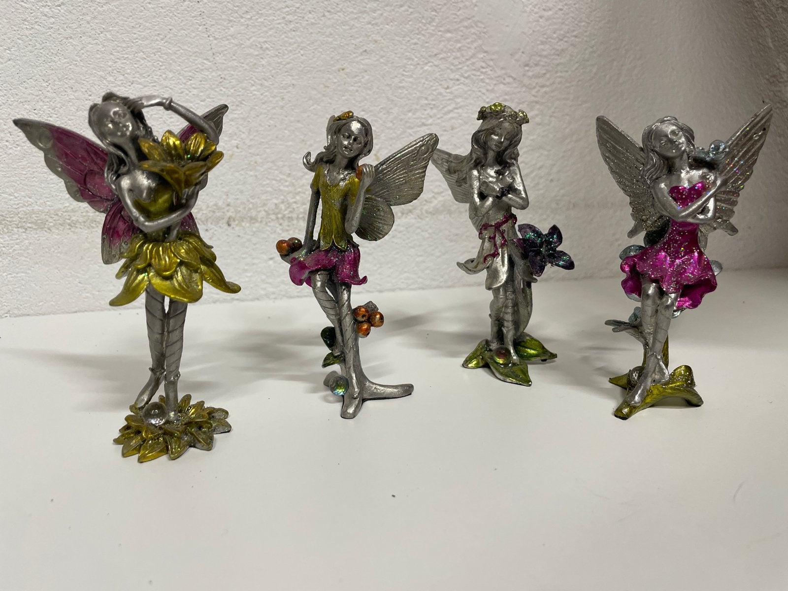 Set van 4 decoratieve tinnen elfjes/feeën beeldjes, Ophalen of Verzenden, Gebruikt