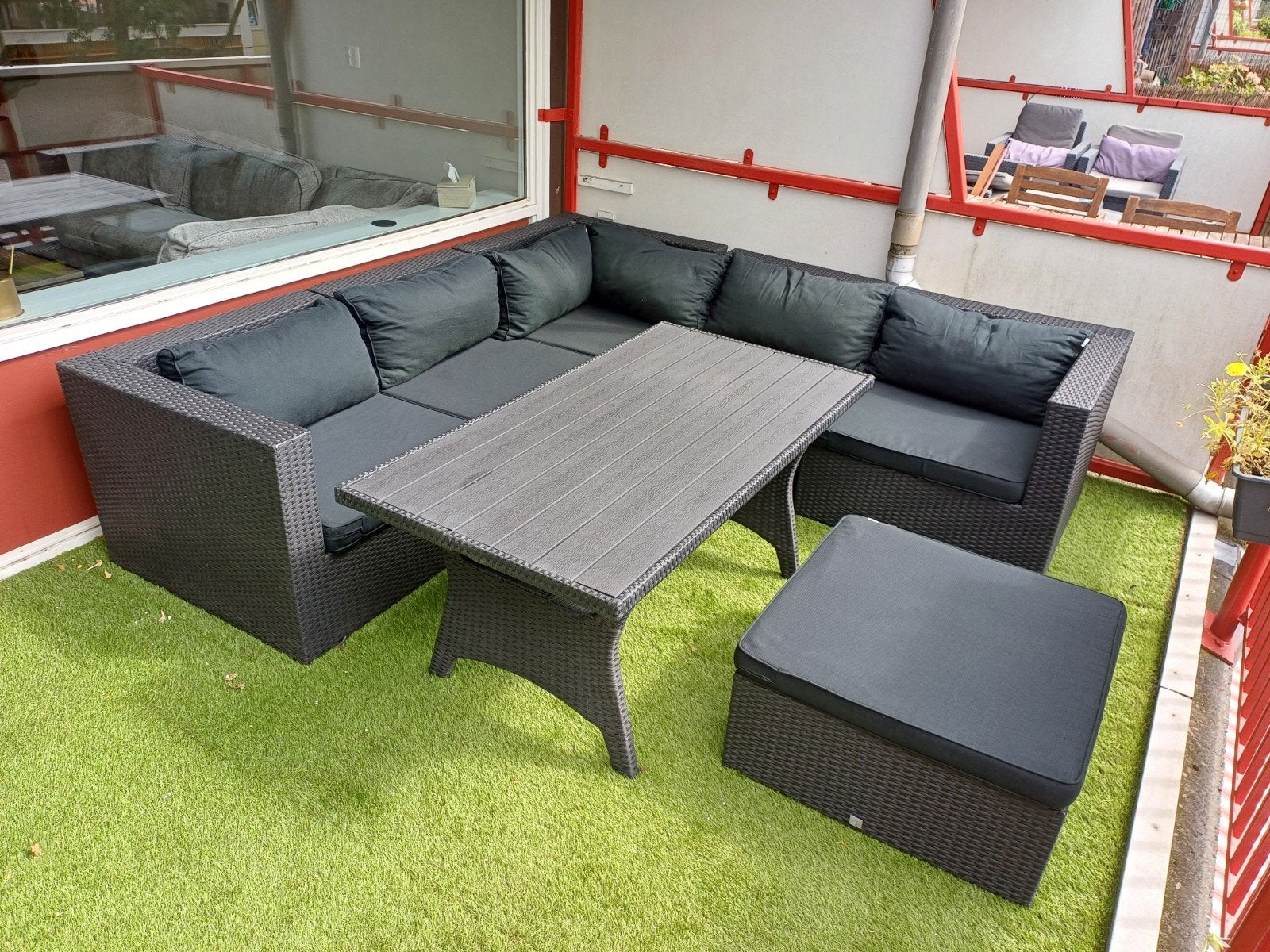 Mooie 7-delige antraciete tuinset met hoekbank en poef, Tuin en Terras, Ophalen, Gebruikt, Loungeset, Bank