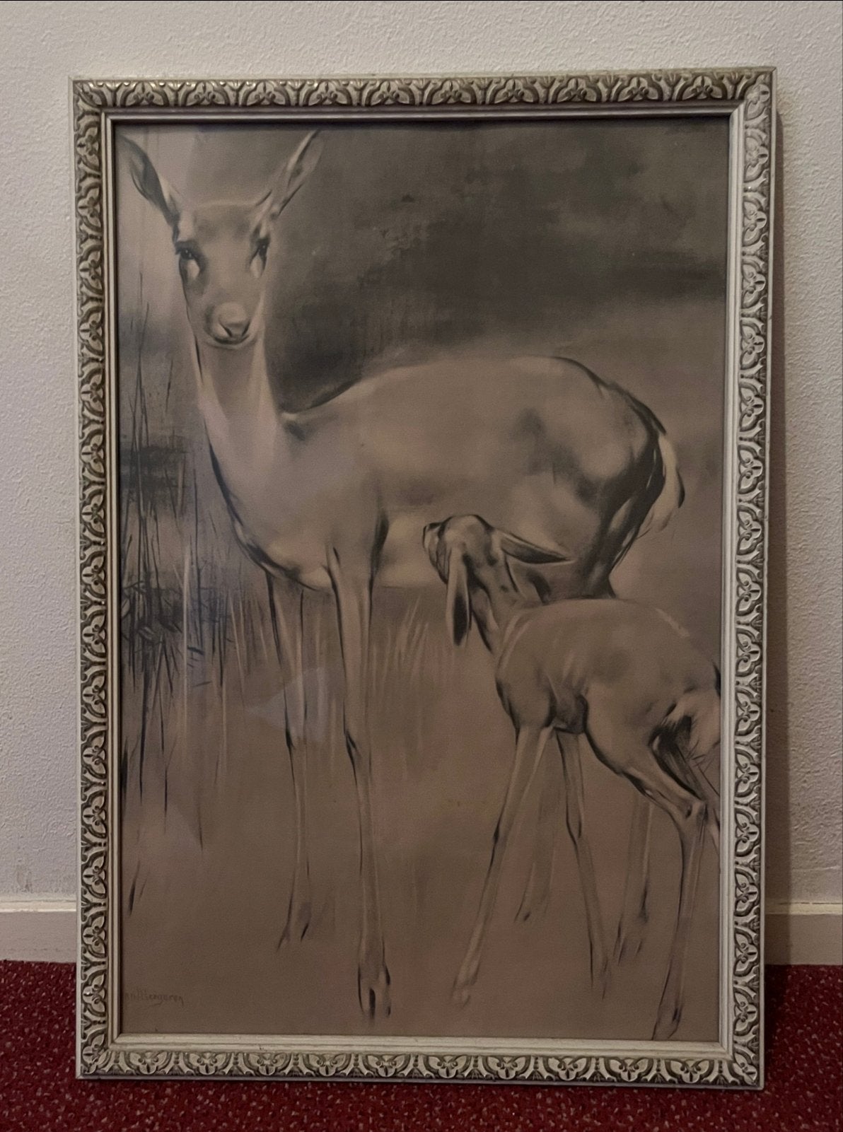 Vintage hert en kalf print in sierlijke lijst, Ophalen, Dieren, Print, Papier