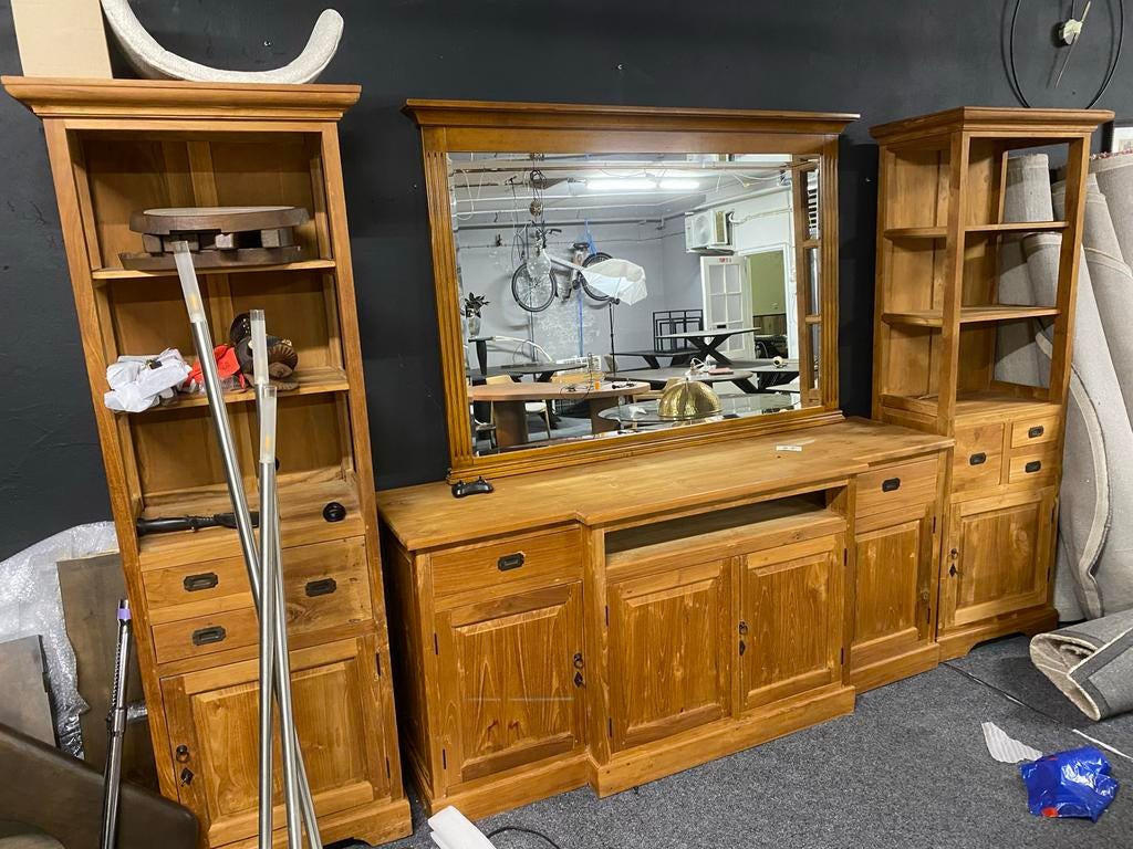 Massief teak houten wandmeubel met spiegel en opbergruimte, Ophalen, Met deur(en), 200 cm of meer, 25 tot 50 cm