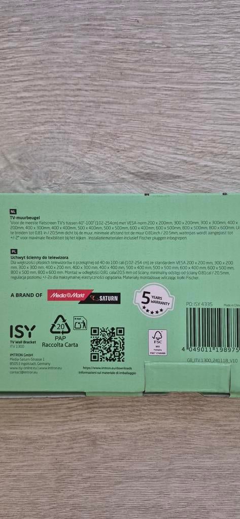 ISY ITV-1300 TV-muurbeugel, Ophalen, Nieuw
