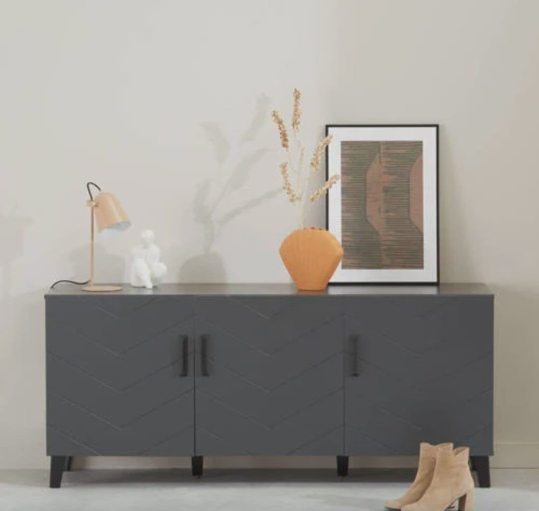Stijlvol dressoir met visgraatmotief - Grijs, Ophalen, 150 tot 200 cm, Modern, Scandinavisch, Visgraat, Zo goed als nieuw