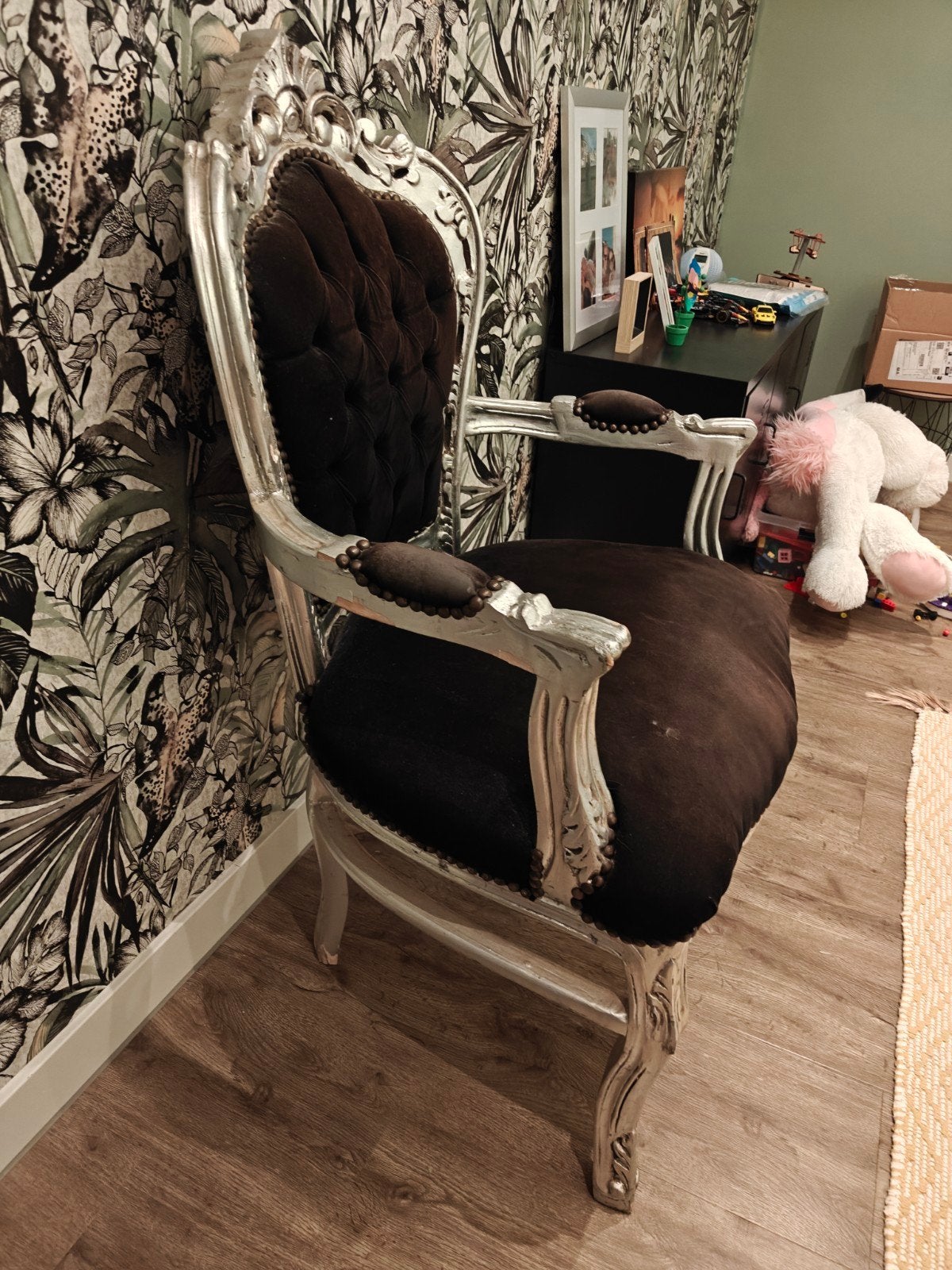 Barokke fauteuil - Zilver met zwart fluweel, Huis en Inrichting, Ophalen, Gebruikt, Barok, Zwart