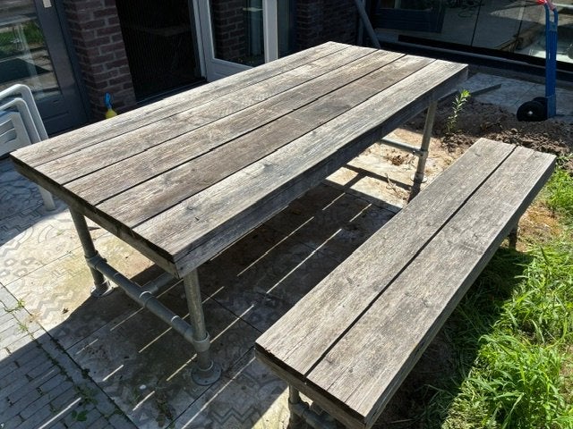 Tafel met bank steigerhout., Ophalen, Gebruikt, Rechthoekig, Hout