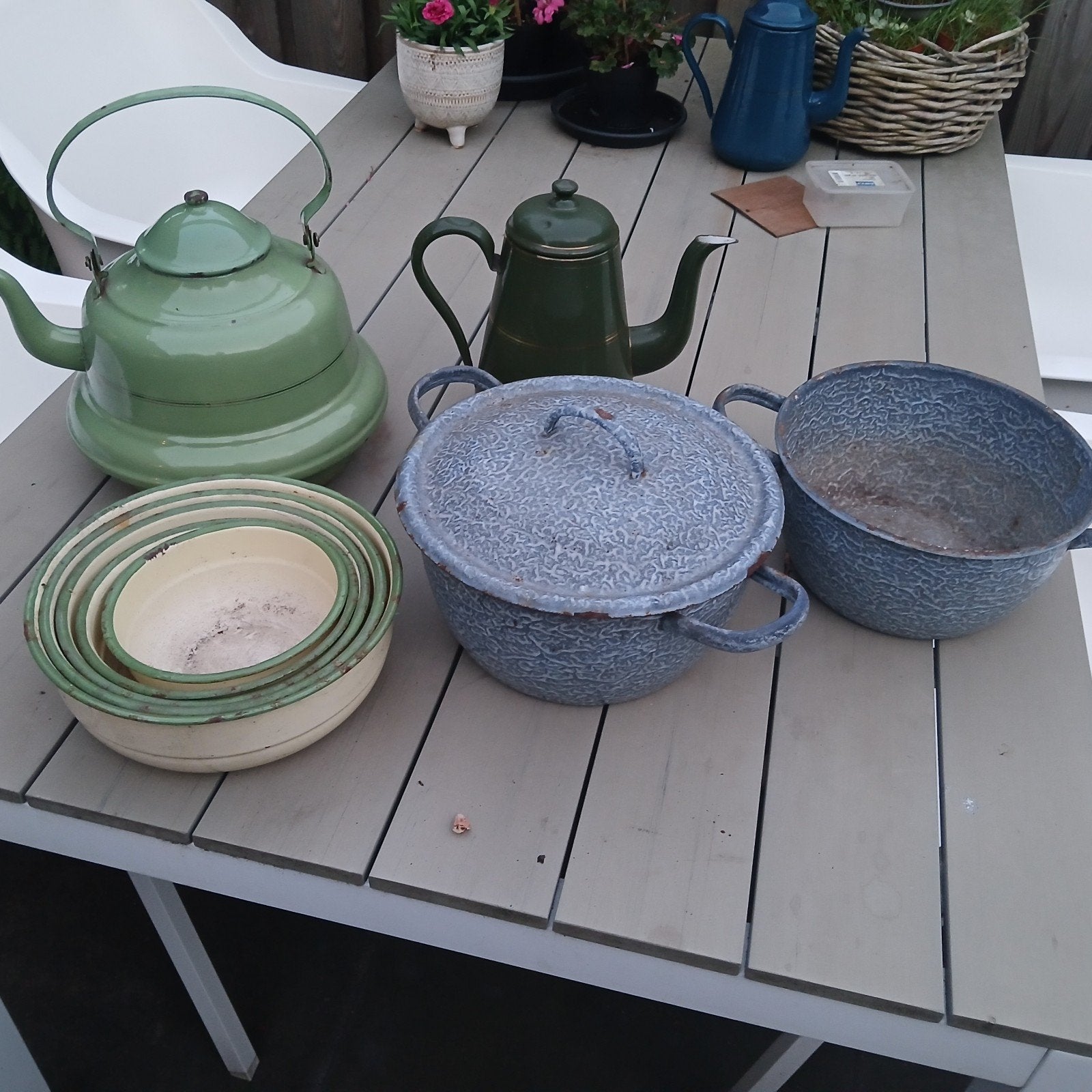Vintage Emaille Keukengerei Set - Kannen, Pannen, Schalen, Ophalen