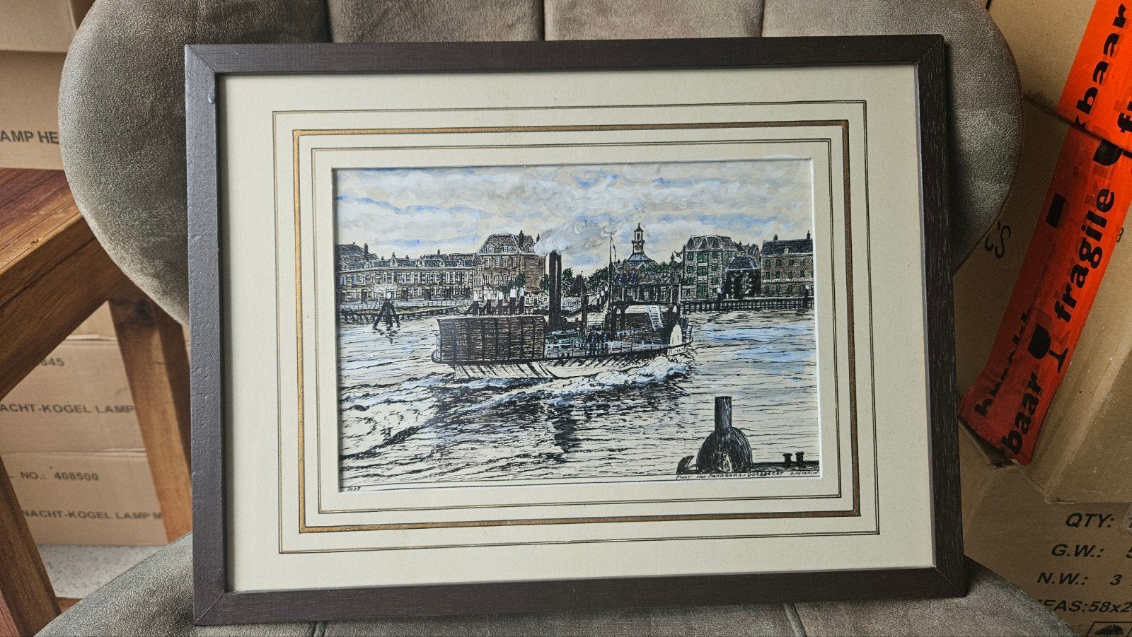 Pont met panorama Dordrecht - D. Nederlof, Ophalen of Verzenden, Tekening, Pentekening, Achter glas