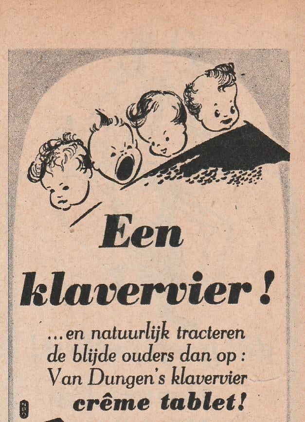 Retro reclame 1947 Van Dungen chocola vierling geboren, Verzamelen, Retro, Verzenden, Overige typen