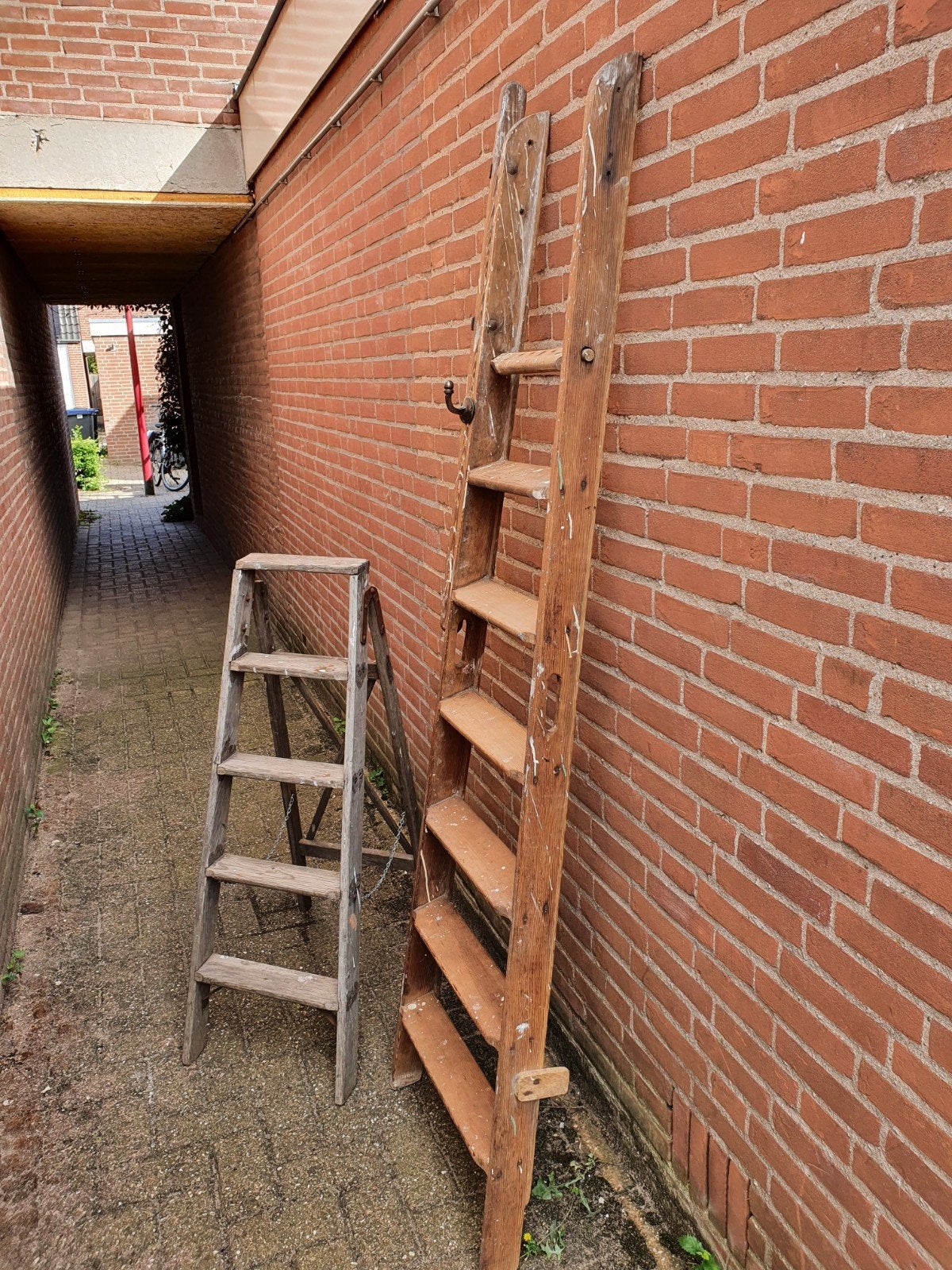 Oude houten ladder en trapje - Decoratief, Ophalen, Gebruikt