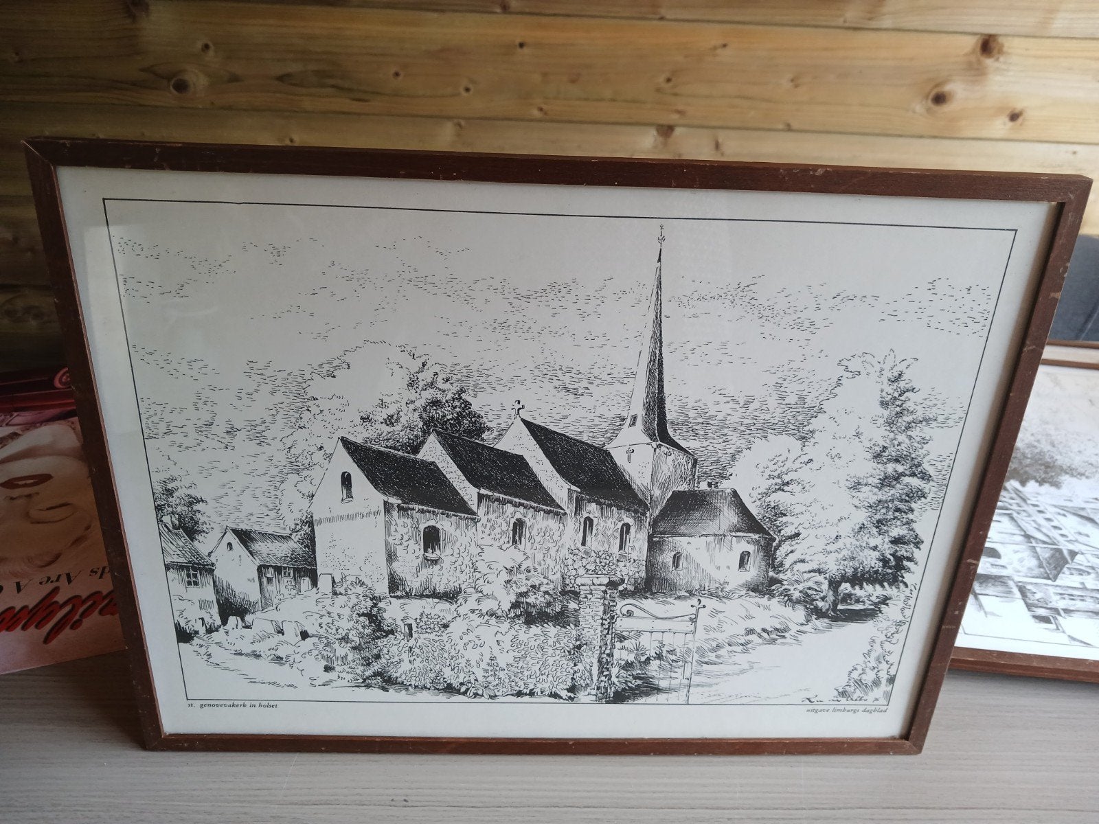 Oude ingelijste print tekening van St.Genovevakerk  Holset, Ophalen of Verzenden, Tekening, Pentekening, Ingelijst