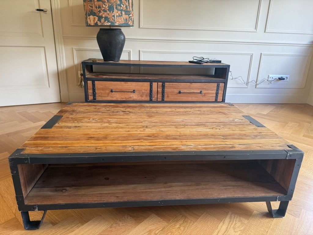 Industriële salontafel + TV-meubel – hout & zwart metaal, Ophalen, Hout + zwart metaal, 50 tot 100 cm, Zo goed als nieuw