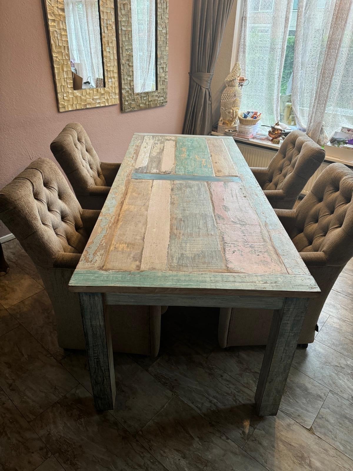 Unieke eettafel – oud Indiaas sloophout – Posthuys, Gebruikt, 150 tot 200 cm, Vier personen, Rechthoekig
