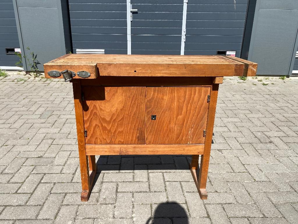 Vintage Beuken- en Eikenhouten Werkbank met bankschroeven, Doe-het-zelf en Verbouw, Werkbanken, Ophalen, Gebruikt, Bankschroef