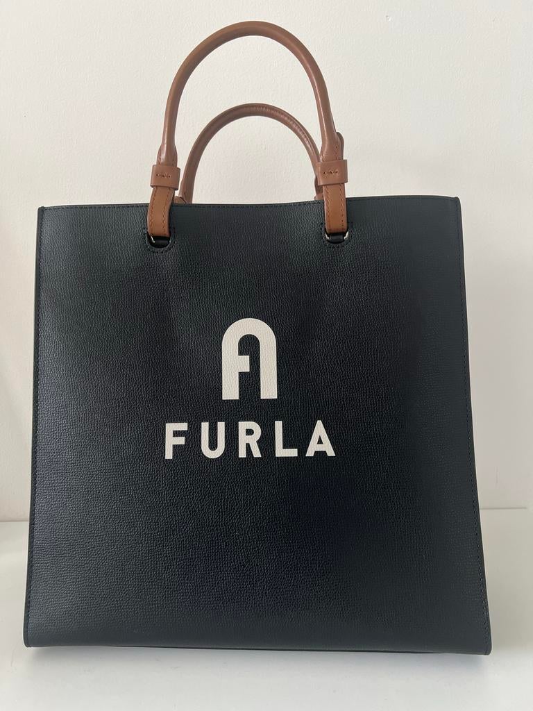 Furla shopper tas, zwart met bruine details, Ophalen of Verzenden, Zo goed als nieuw