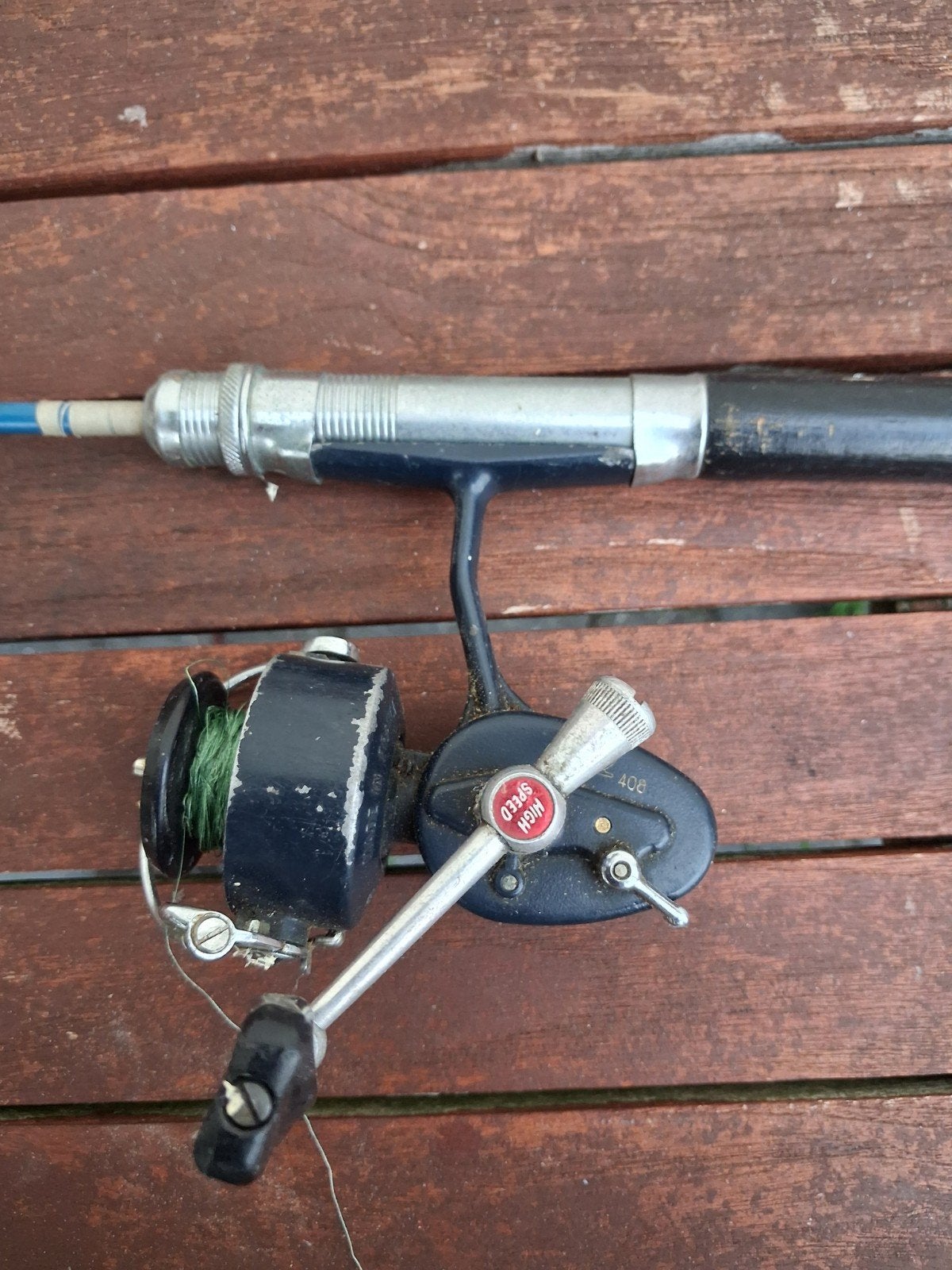 Vintage Blauwe Werphengel met Mitchell 408 Molen - 160 cm, Ophalen of Verzenden, Gebruikt, Werphengel