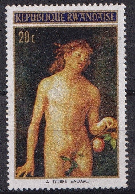 Rwanda 1970 Schilderije A. Durer Adam naakt, Verzenden, Postfris, Overige thema's