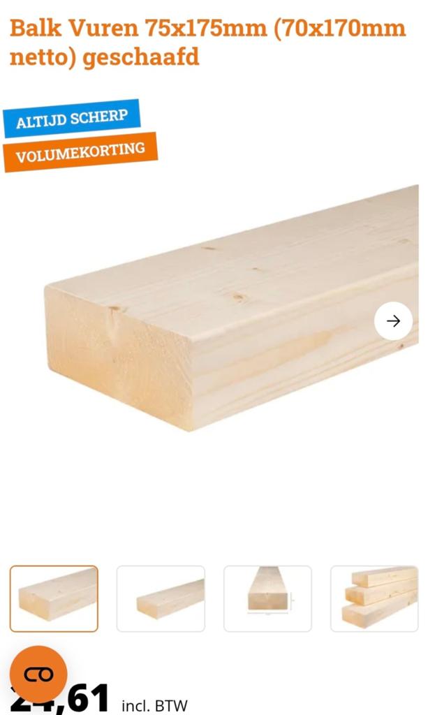 9x Vuren Balk 75x175mm geschaafd, Ophalen of Verzenden, Zo goed als nieuw, Balk, Vuren