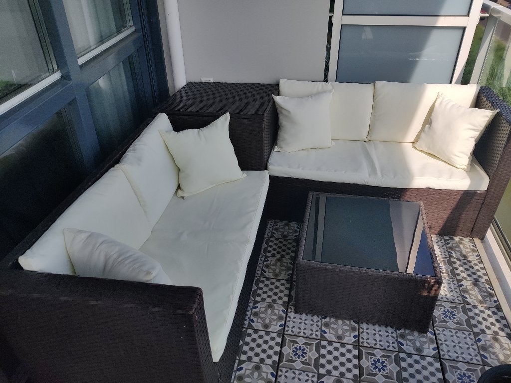 Complete loungeset incl. opbergbox, kussens, glazen tafel, Ophalen, 4 zitplaatsen, Gebruikt, Rotan