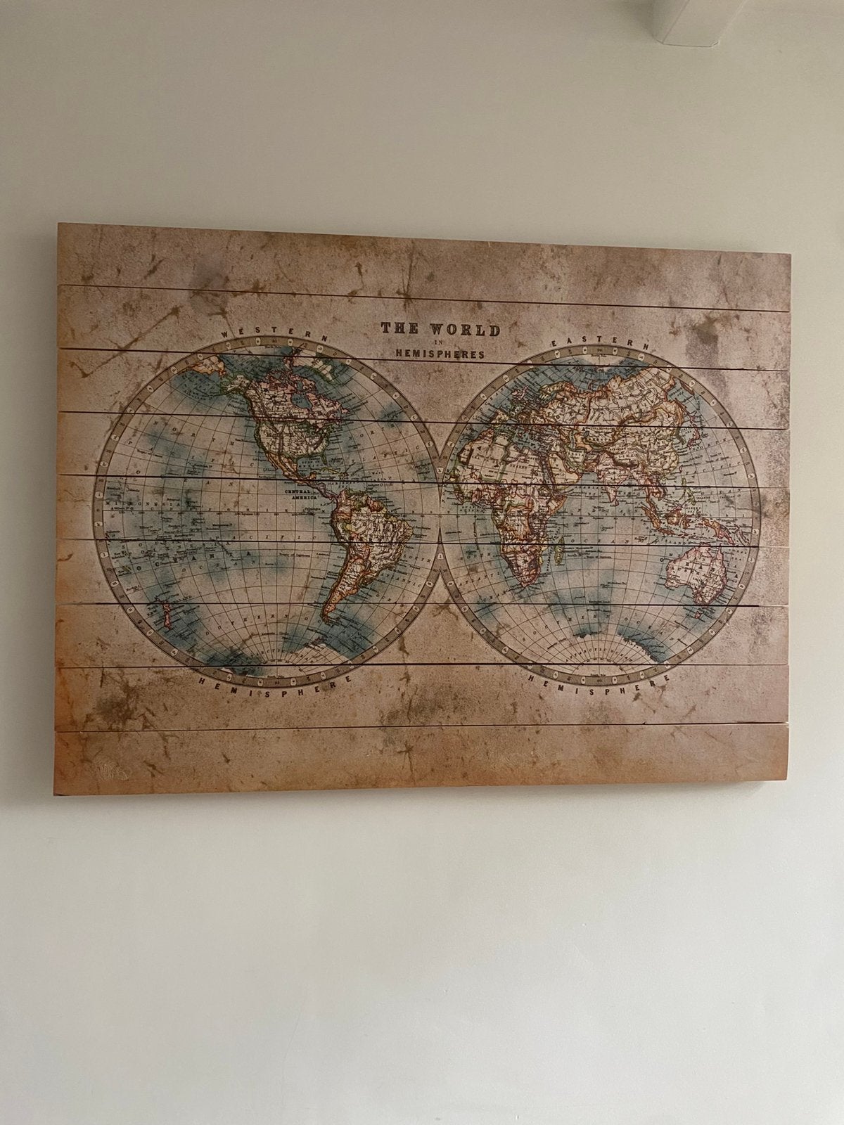 Wanddecoratie, houten schilderij wereldkaart, Ophalen, Zo goed als nieuw